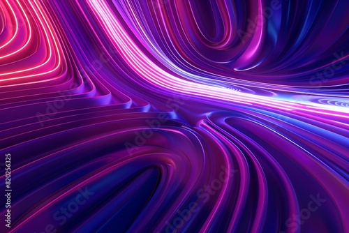 Abstract Panoramic Neon Background. Bright Purple Violet Pink Lines Glowing in Ultraviolet Light.