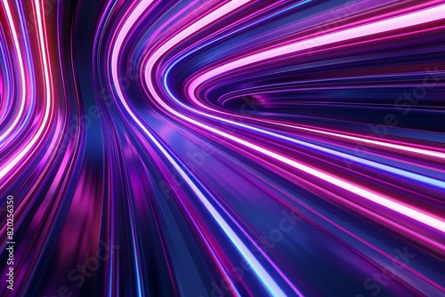 Abstract Panoramic Neon Background. Bright Purple Violet Pink Lines Glowing in Ultraviolet Light.