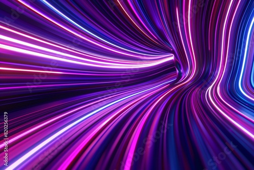 Abstract Panoramic Neon Background. Bright Purple Violet Pink Lines Glowing in Ultraviolet Light.