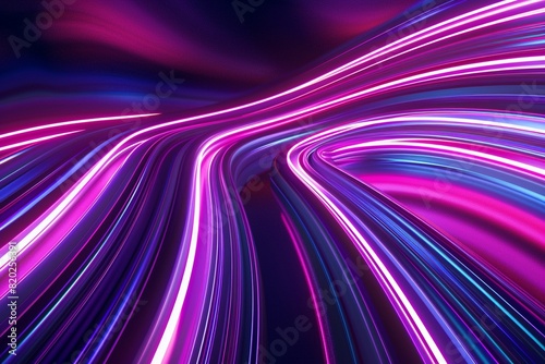 Abstract Panoramic Neon Background. Bright Purple Violet Pink Lines Glowing in Ultraviolet Light.