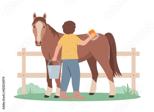 Farmer woman washing brown horse. Female character taking care of horse isolated on white background. Farming concept Vector illustration.