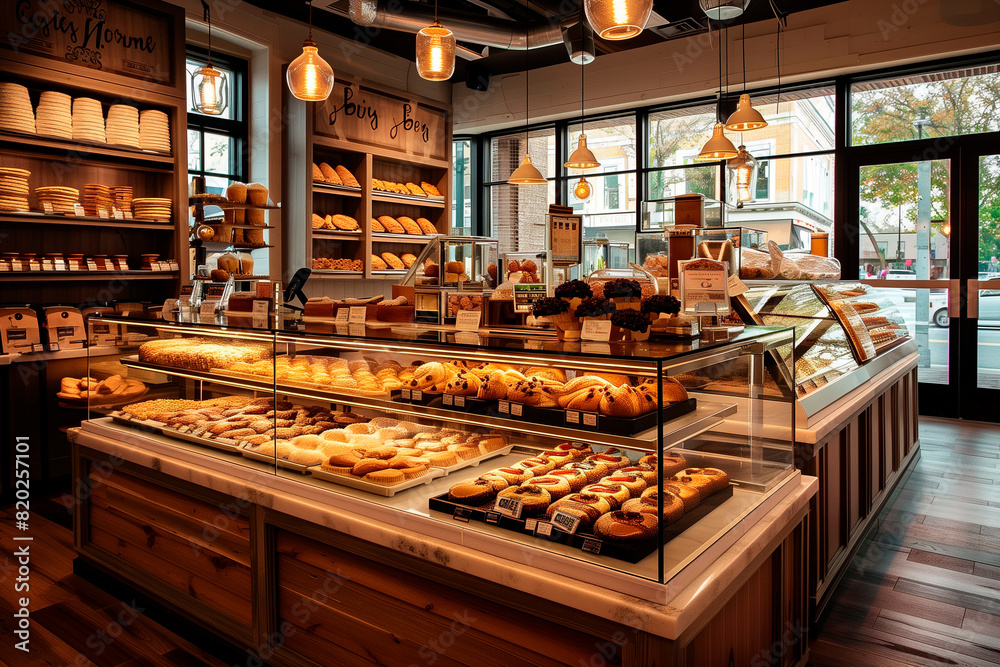 Elegant pastry shop with abundant goods and a cozy atmosphere.