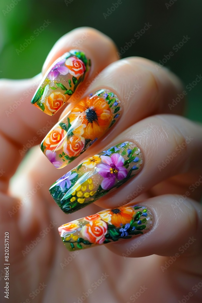 A woman holding up her nails with flowers on them. A woman holding up her nails with flowers on them.