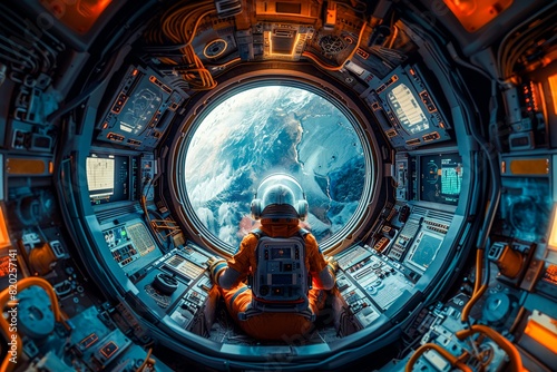 Fototapeta Naklejka Na Ścianę i Meble -  astronaut in outer space looking out from space station window during a sci - fiction adventure