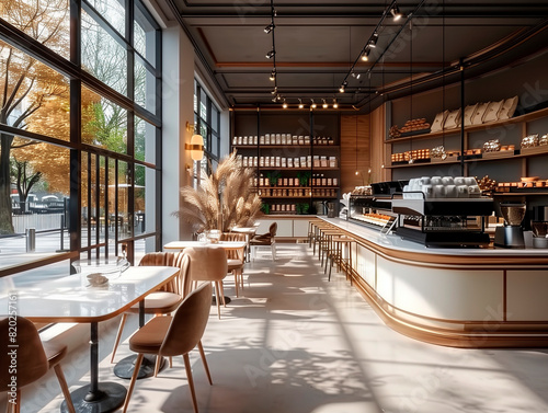 Interior view of an elegant bakery with breakfast tables and large windows.