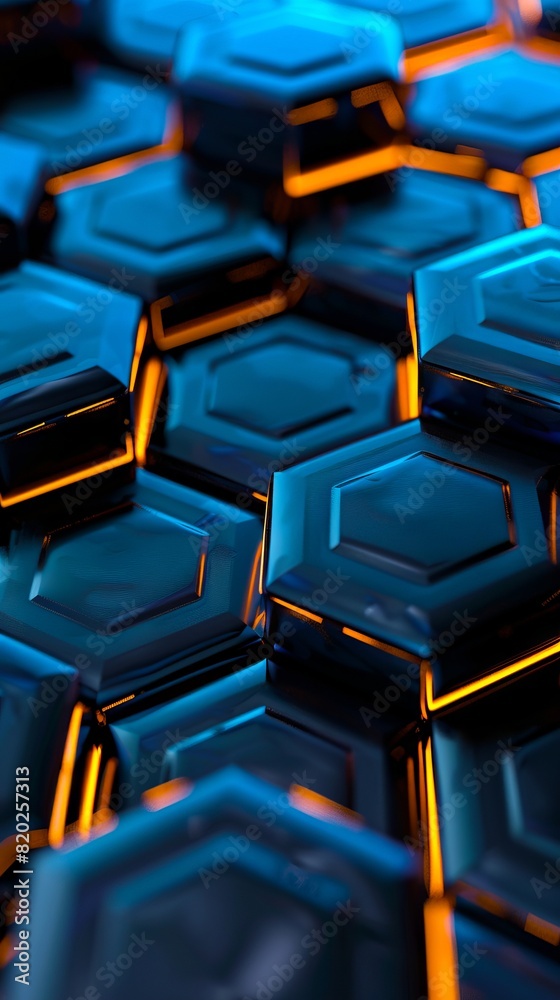 A close up of some blue and orange hexagons. A close up of some blue and orange hexagons.