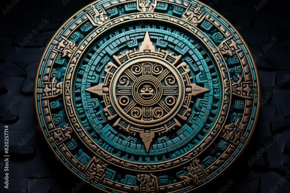 A detailed view of a round sculpture against a dark backdrop, showcasing intricate design and symmetry