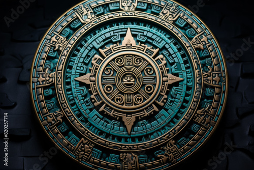 A detailed view of a round sculpture against a dark backdrop  showcasing intricate design and symmetry