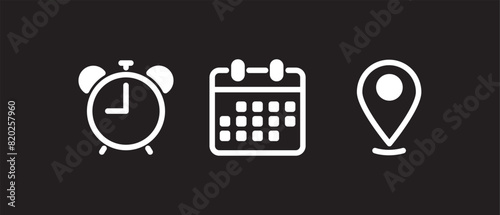 Time, date, and address icon vector. Event elements, Simple time and date white line icon in black background.