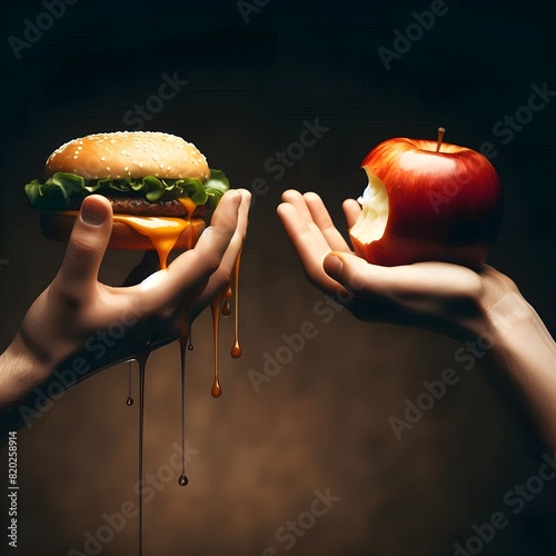 Healthy food vs unhealthy food; one hand holding a greasy burger and another hand holding a juicy apple with a bite. 