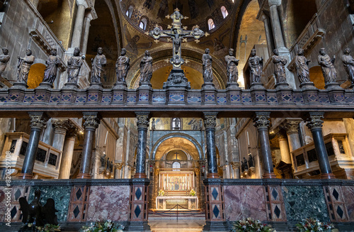 Chancel, Gothic altar, and statues of the apostles in the presbytery of St. Mark's Basilica in Venice, Italy