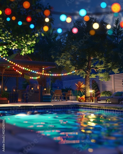 A pool with a tree in the background and a colorful lighted canopy. The pool is lit up at night, creating a warm and inviting atmosphere