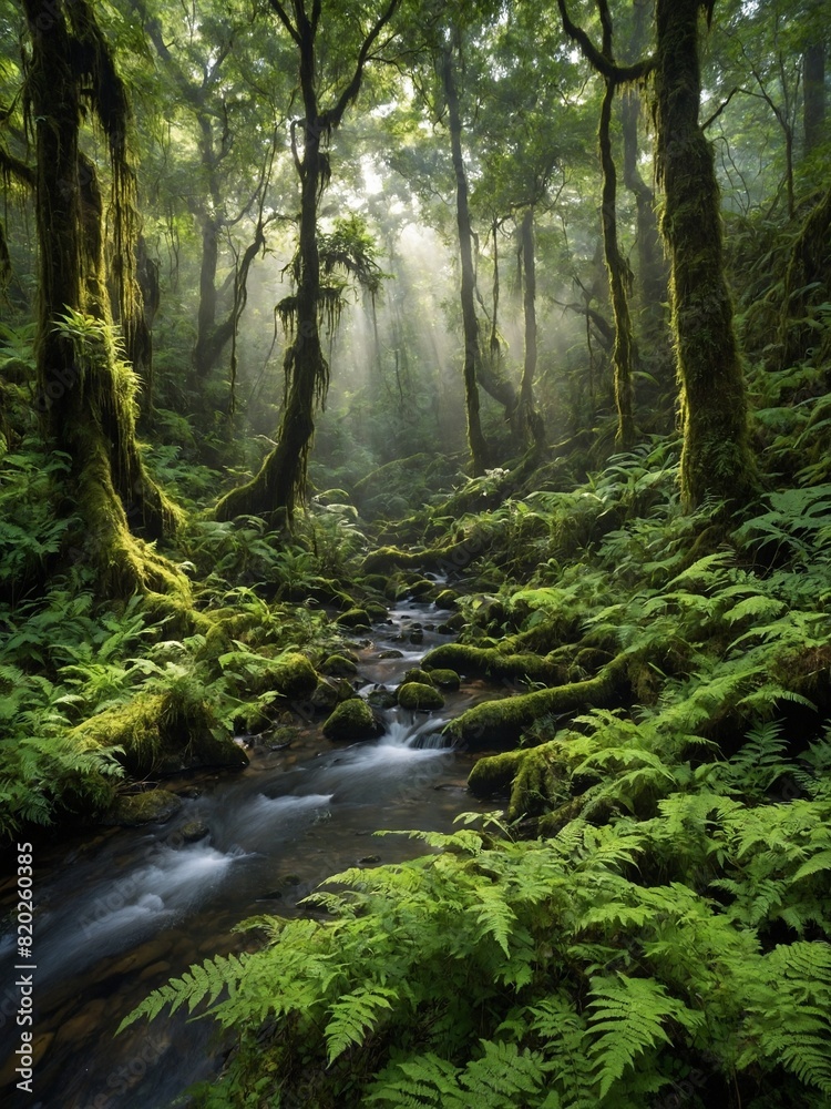 Fototapeta premium Tranquil stream meanders through verdant forest, its path illuminated by sunlight piercing dense canopy overhead. Forest floor, blanketed in moss, radiates various hues of green.