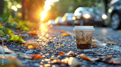 Environmental message  abandoned plastic coffee cup on road with blurred car   eco concept