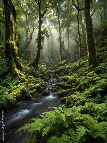 Tranquil stream meanders through verdant forest, its path illuminated by sunlight piercing dense canopy overhead. Forest floor, blanketed in moss, radiates various hues of green.