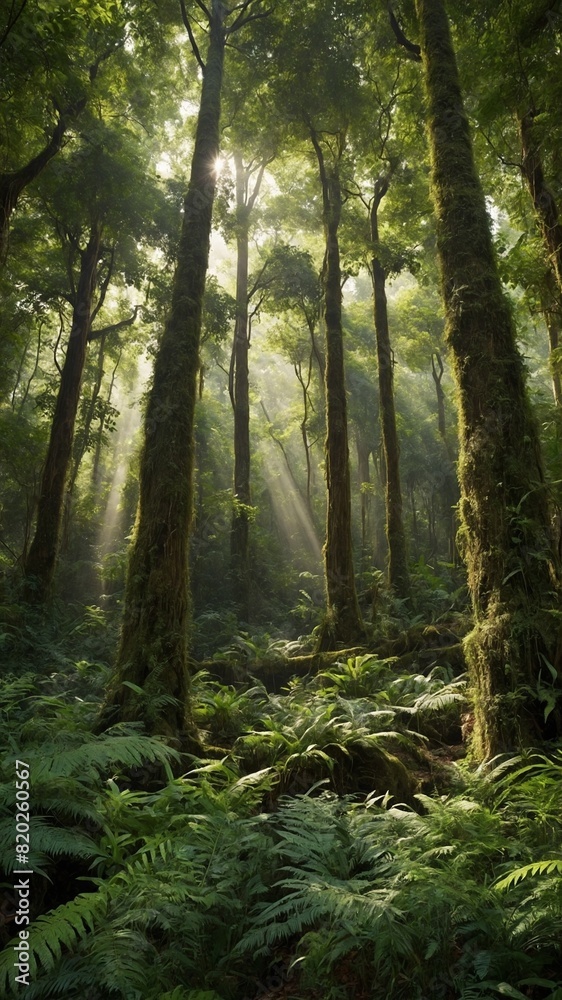Fototapeta premium Sunlight pierces dense canopy of lush, green forest, casting ethereal beams that illuminate verdant undergrowth below. Moss-covered trees stand tall, majestic, their trunks.