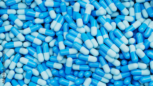 Top view on blue pills mixed background. Drugs, pills, tablets, medicine concept. 3d render illustration