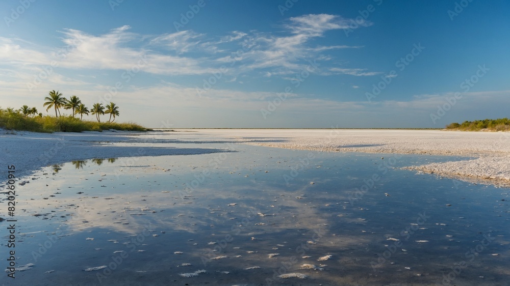 Fototapeta premium Tranquil beach landscape unfolds, with calm waters reflecting sky. Tall palm trees on left, their green fronds offering stark contrast to blue, white hues of sky. Beach extends into distance.