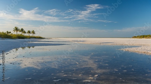 Tranquil beach landscape unfolds  with calm waters reflecting sky. Tall palm trees on left  their green fronds offering stark contrast to blue  white hues of sky. Beach extends into distance.