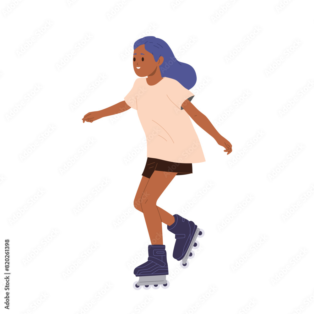 Excited rollerblading girl child cartoon character enjoying active leisure outdoor activity