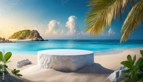 White podium on beach sand, displaying summer cosmetics with sea backdrop