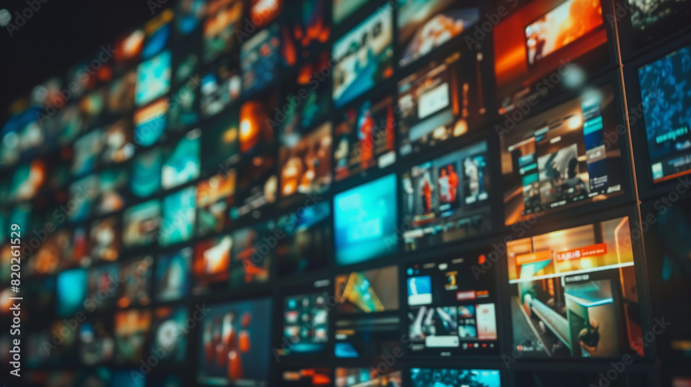 Wall of Televisions With Multiple Screens Showing Various TV Channels Wall of Televisions With Multiple Screens Showing Various TV Channels