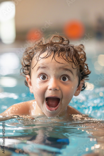 A young boy is happily swimming in a pool with his mouth open, enjoying the water