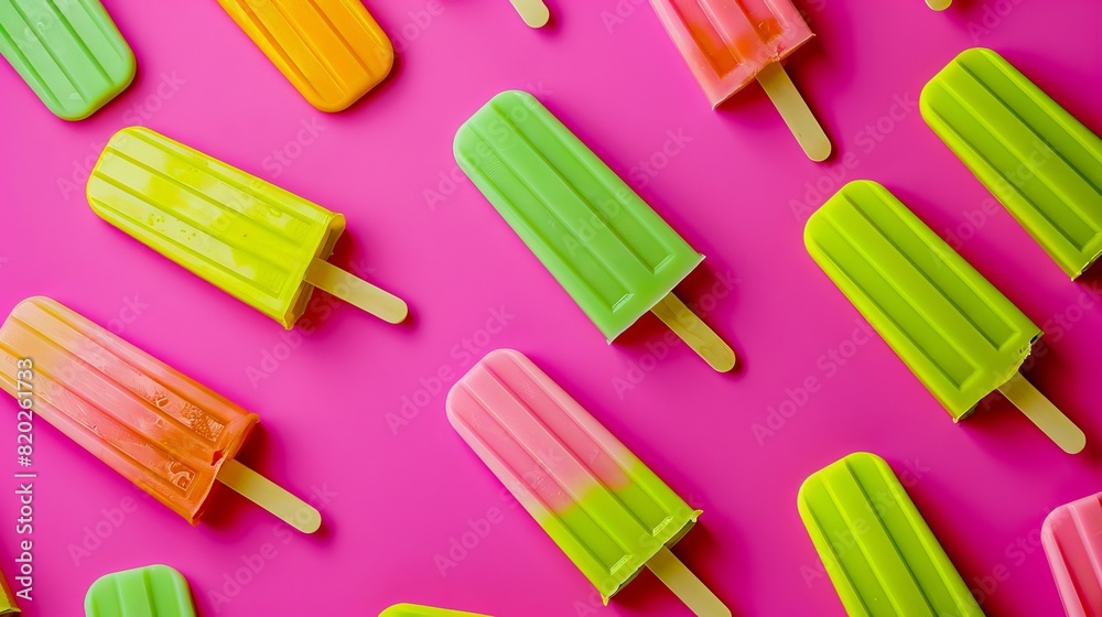A group of colorful popsicles on a pink background. A group of colorful popsicles on a pink background.