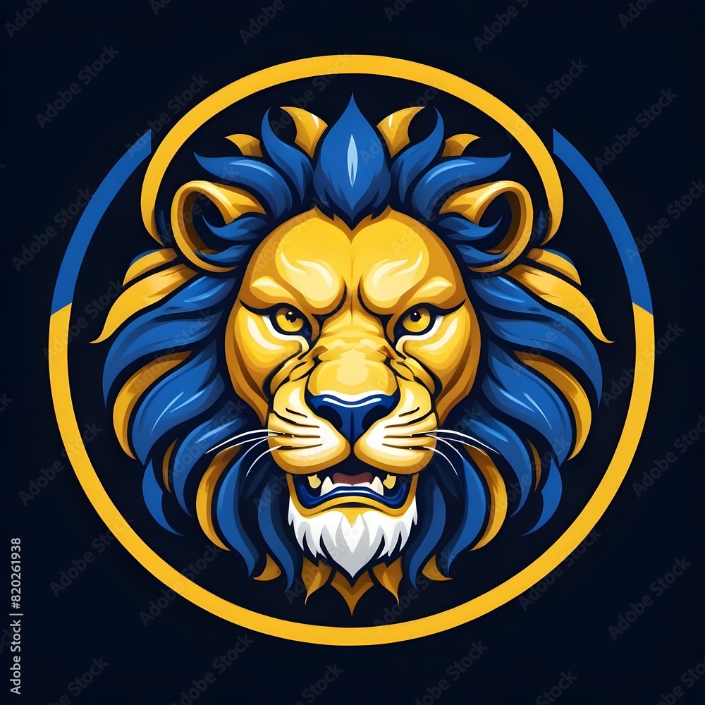 Obraz premium angry lion head logo with yellow and blue mane enclosed in a circle