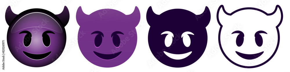 Evil Face with Horns. Smiling purple devil emoji, gloating demon emoticon and evil smile flat vector icons set Evil Face with Horns. Smiling purple devil emoji, gloating demon emoticon and evil smile flat vector icons set