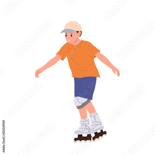 Healthy active boy child cartoon character wearing knee pads riding rollers exercising on street
