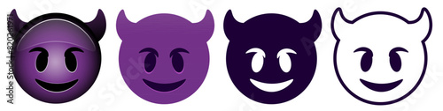 Evil Face with Horns. Smiling purple devil emoji, gloating demon emoticon and evil smile flat vector icons set