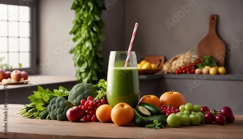 AI generated illustration of tall green smoothie on a kitchen table