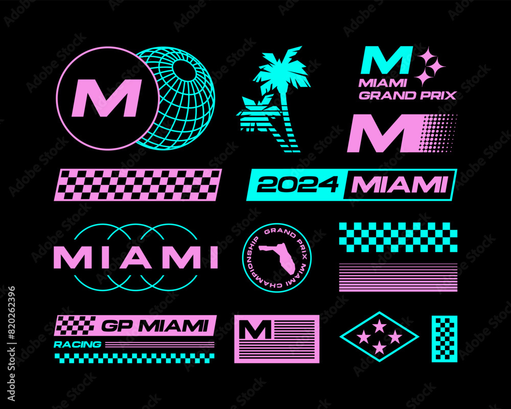 Obraz premium Set streetwear auto racing logo ideas for a clothing brand. Design vector typography for decals auto and t-shirt Miami, USA streetwear clothing y2k style.