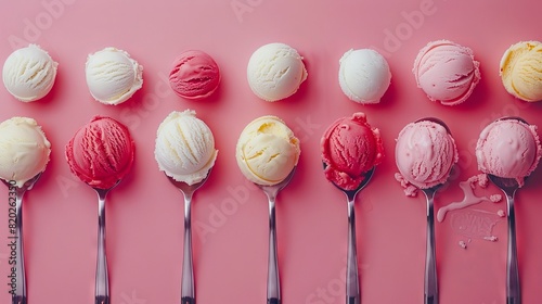 Ice cream in spoons on pink background.