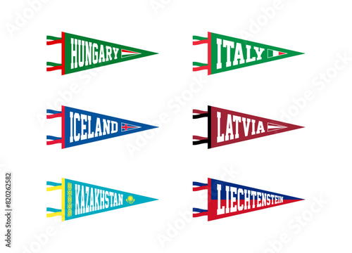 Vector set sport pennants of countries in Europe. Hungary, Italy, Iceland, Latvia, Kazakhstan, Liechtenstein