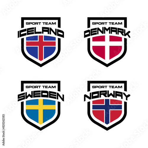 Vector set of sport logo with national teams. Football sings for tournament isolated on white background. Iceland, Denmark, Sweden, Norway.