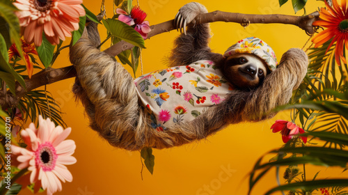 A sleepy sloth wearing a pair of oversized pajamas with a nightcap perched on its head, hanging upside down from a tree branch with colorful flowers in the background against a vib