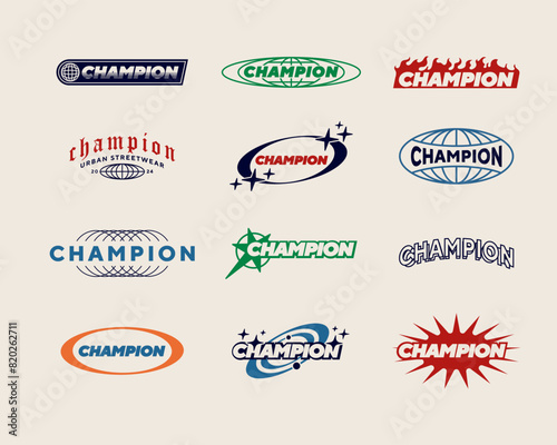 Set streetwear Champion logo ideas for a clothing brand. Design vector typography for t-shirt streetwear clothing y2k style.