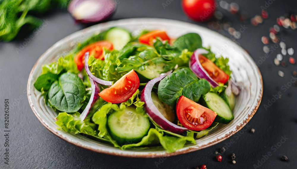 salad on black plate, featuring lettuce, tomato, cucumber, spinach, onion, and paprika, epitomizing freshness and health salad on black plate, featuring lettuce, tomato, cucumber, spinach, onion, and paprika, epitomizing freshness and health