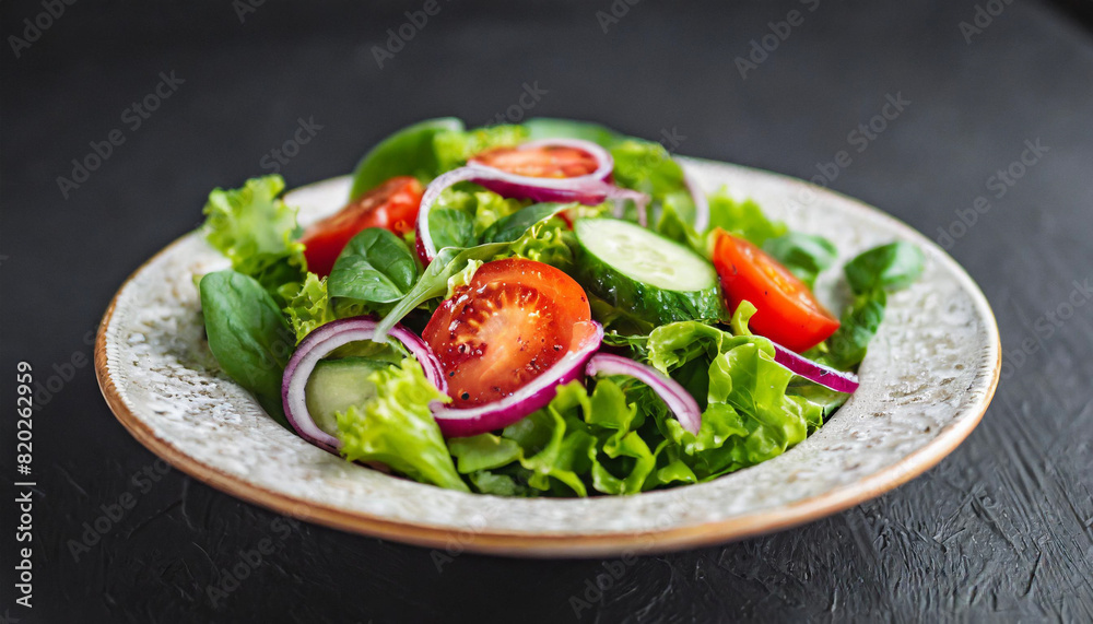salad on black plate, featuring lettuce, tomato, cucumber, spinach, onion, and paprika, epitomizing freshness and health salad on black plate, featuring lettuce, tomato, cucumber, spinach, onion, and paprika, epitomizing freshness and health