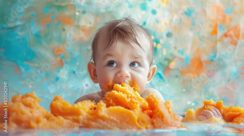 ThreeMonthOld Babys Joyful Encounter with Pureed Sweet Potatoes on a Pastel Watercolor Backdrop