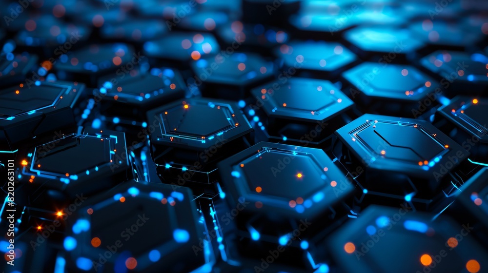 Obraz premium A blue background with hexagons and lights.