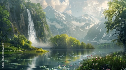 A beautiful mountain landscape with a waterfall and a lake