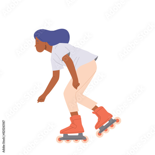 Teenage girl child character riding fast enjoying extremely speed roller-skating isolated on white