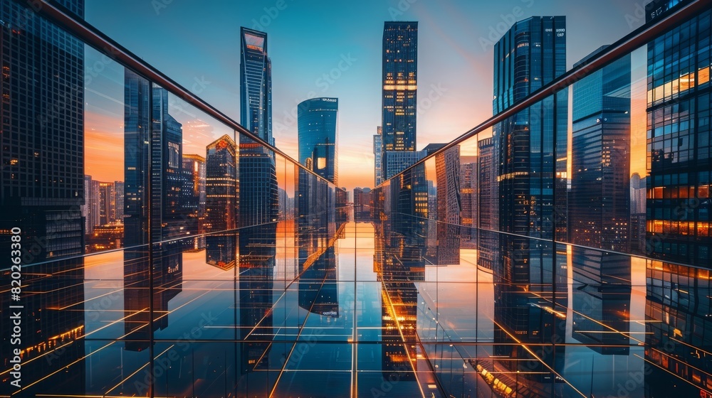 Obraz premium modern cityscape during twilight, glassy reflection, business district, 16:9