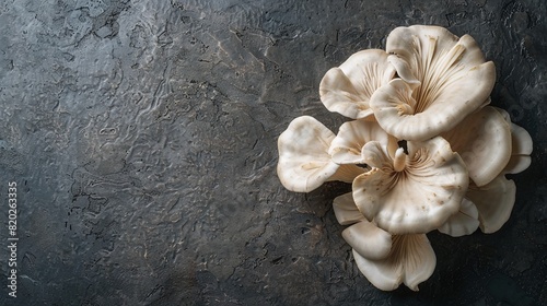 Top View of Fresh King Oyster Mushrooms on Rustic Dark Background with Cloth, Organic Natural Texture with Copyspace, Ideal for Culinary and Health Content, Perfect for Recipe Blogs and Food Photograp