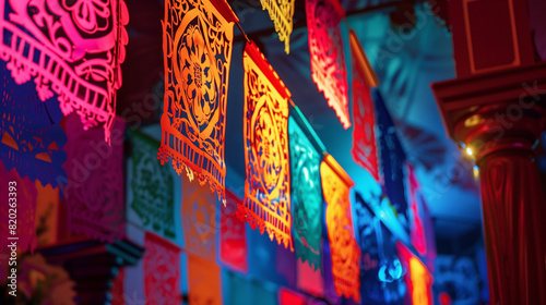 Colorful Flags Hanging From Side of Building photo