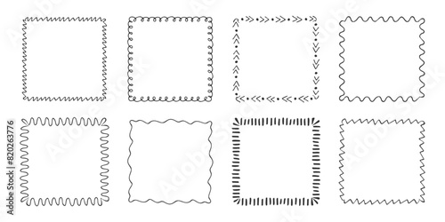 Square frames in doodle style set. Black line frame isolated on white. Contour sketch drawn border. Element for design