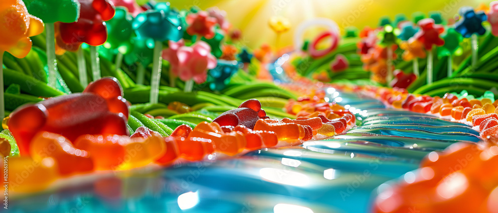 Award Winning national geographic Leading line, a winding jellybean path leads through a vibrant gummy bear meadow, with playful jellybean creatures peeking from behind sugar bloss
